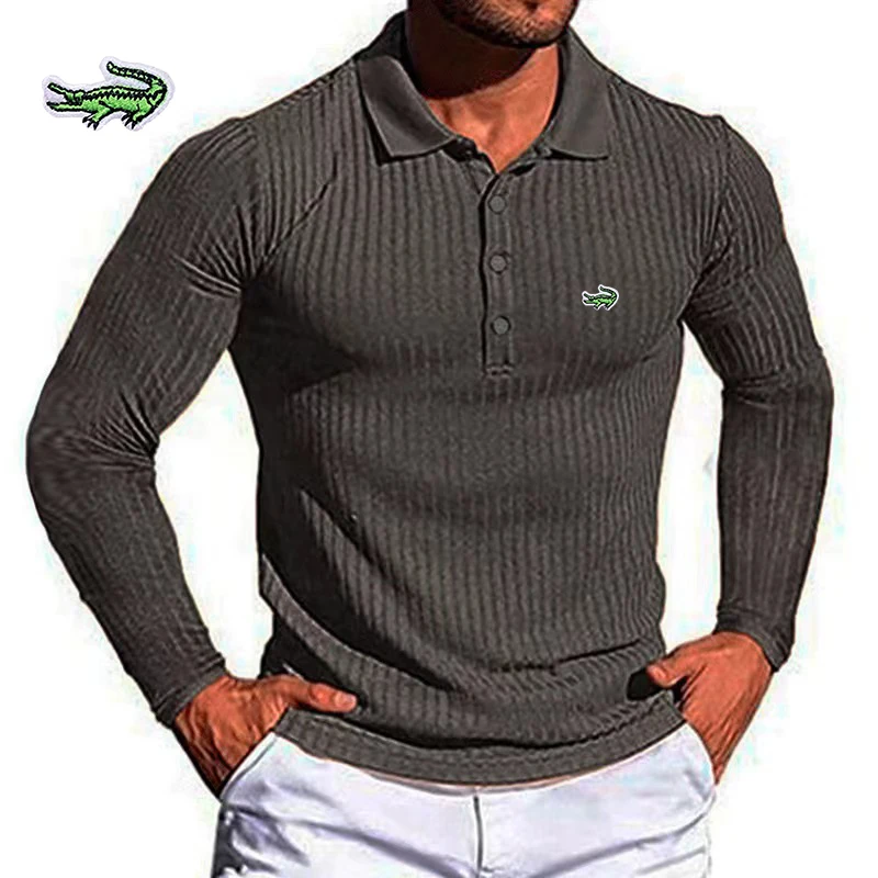 

Embroidered Men's Polo Shirt High Quality New Long Sleeved Sports Fitness Leisure Elastic Vertical Long Sleeved Polo Shirt
