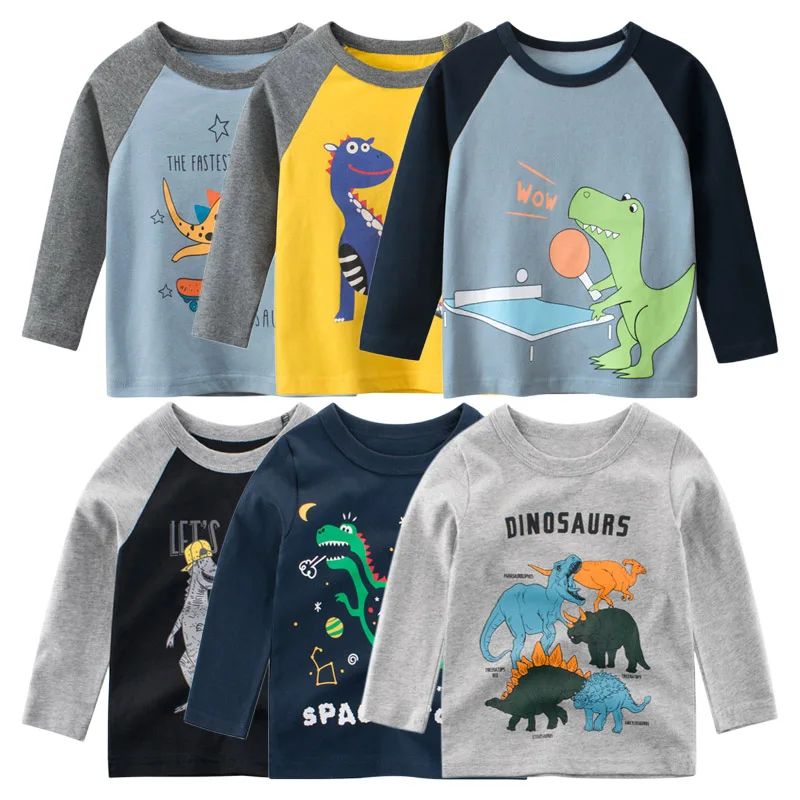 Cartoon Dinosaur Boys Basic Shirt Children's Clothing 2023 Autumn New Cotton Tops Kids Fashion Long Sleeve T-Shirt Dropship 2-9Y