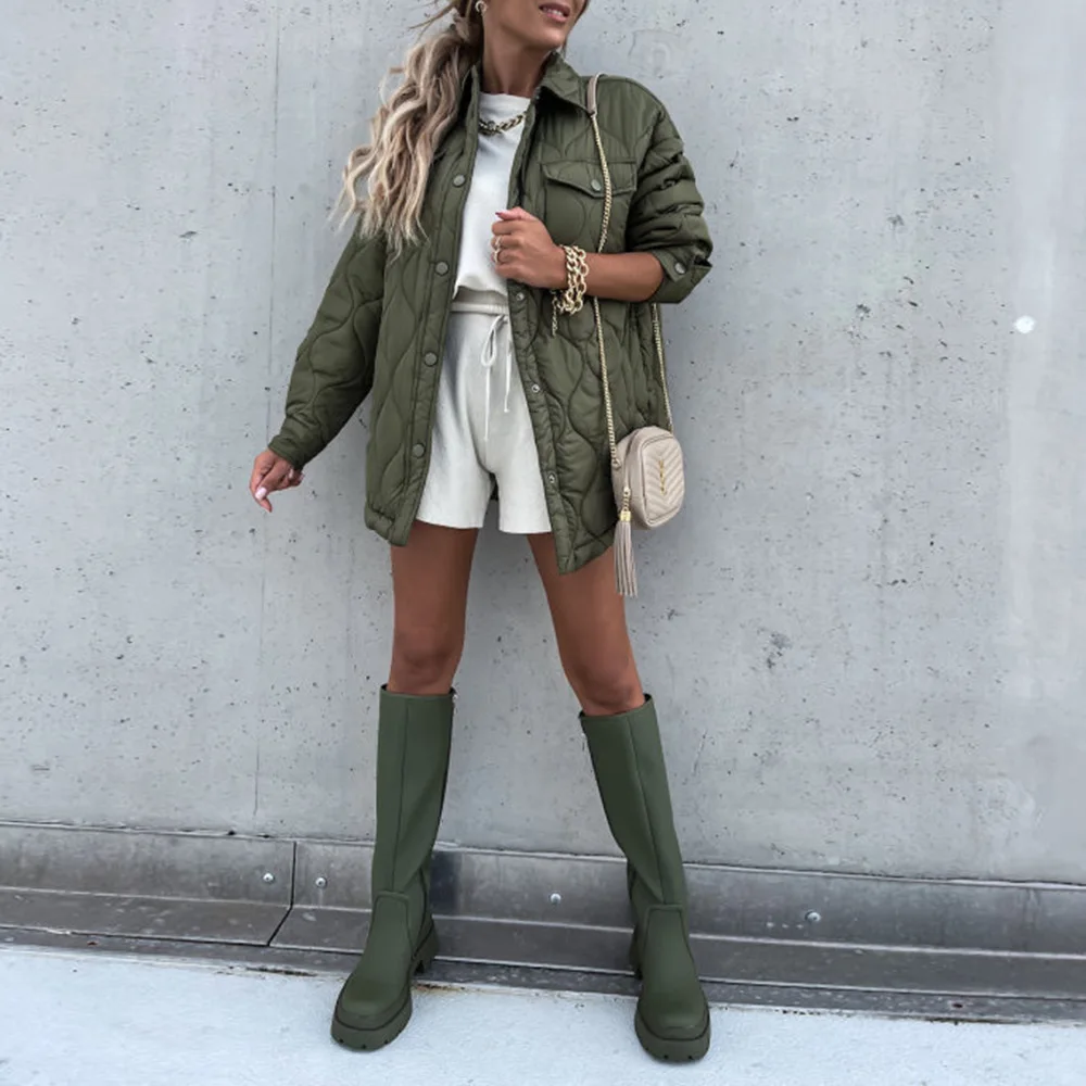 2022 autumn and winter new cotton coat mid-length solid color lapel long-sleeved pocket zipper jacket women