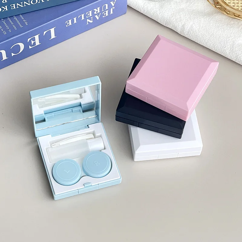 

Square Contact Lenses Box Container Frosted Surface Solid Color Box Invisible Contact Lens Case with Mirror Tweezers Women Men