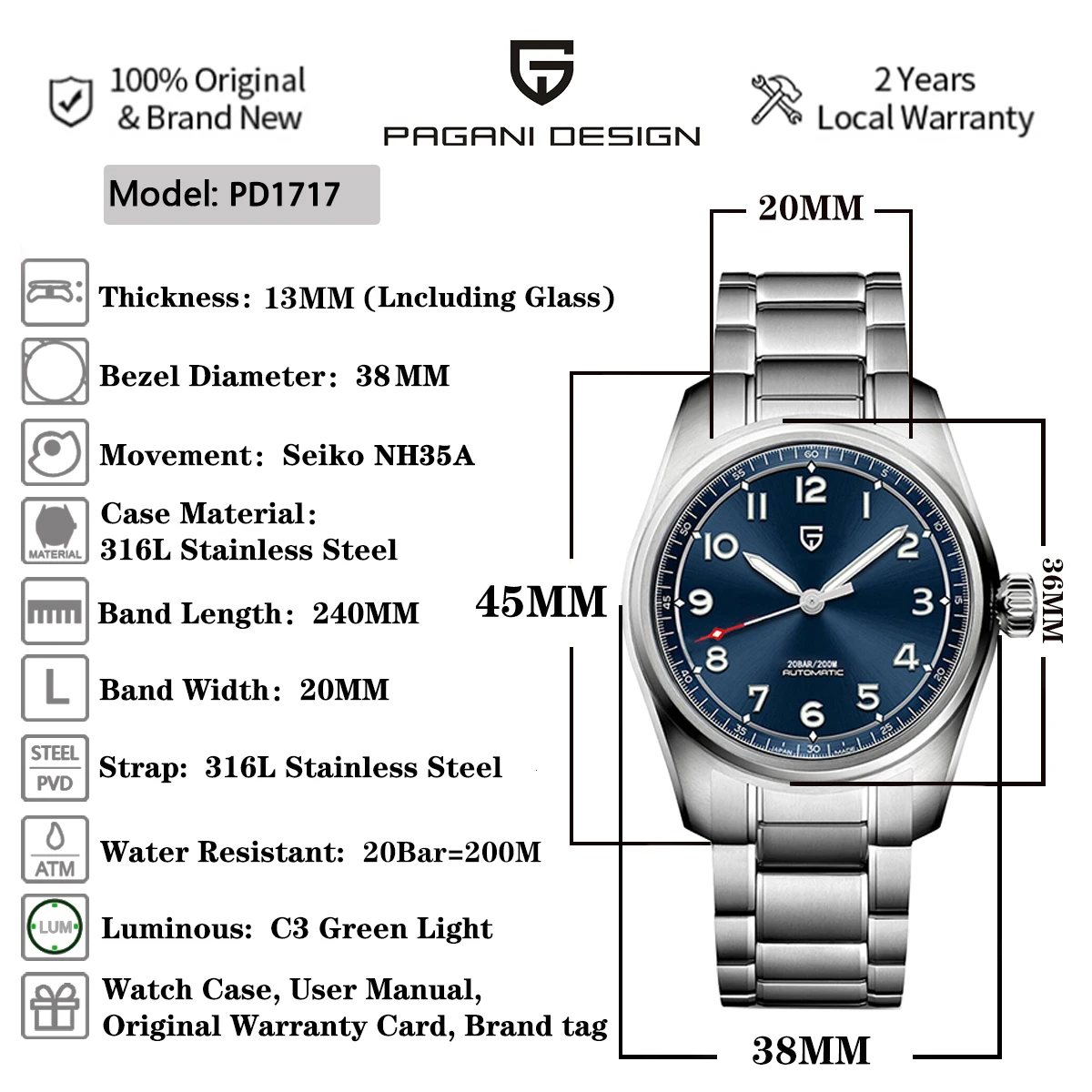 2023 New 38MM PAGANI Design Top Brand Men's Pilot Automatic Mechanical Watches Nh35A Sapphire waterproof 200m Relogio Masculino