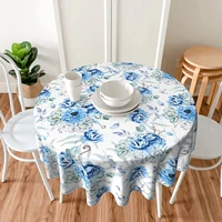 rose flowers blue tablecloth round 60 inch table cover wrinkle resistant waterproof for home kitchen picnic outdoor table cloth