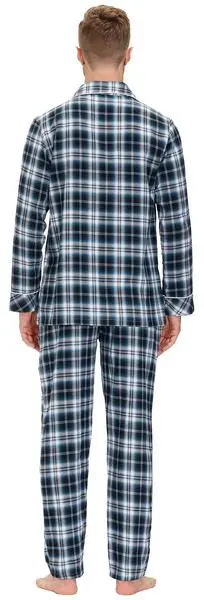 Mens Long Pajama Set Plaid Plaid Sleepwear Cotton Button Down PJ Set 56 M-2XL