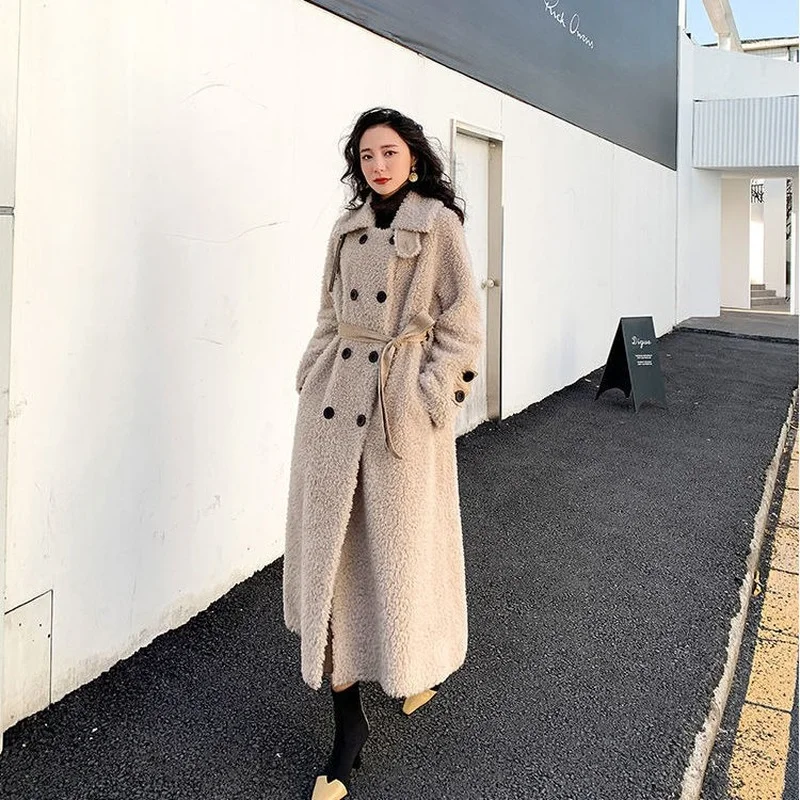 Winter Genuine Real Lamb Wool Coat Women Korean Turndown Collar Loose Casual Elegant Solid Double Breasted Long Fur Jackets E672