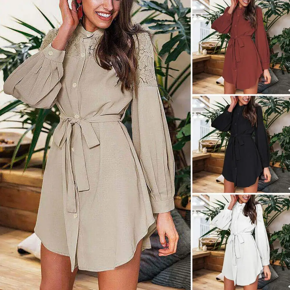 

Fashion Stand Collar Belt Long Sleeve Women Dress Single Breasted Crochet Embroidery Lace Stitching Mini Shirt Dress Streetwear