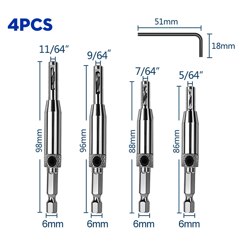 4pcs HSS Self Centering Hinge Drill Bit Door Window Cabinet Woodworking Hole Puncher Wood Reaming Tool Countersink Drill Bits