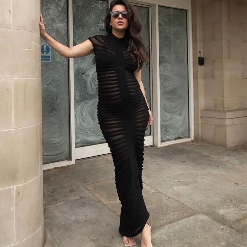 

Sexy See Through Knitted Rib Button Black White Short Sleeve Bodycon Long Dresses for Women Night Club Party Birthday Prom Robe