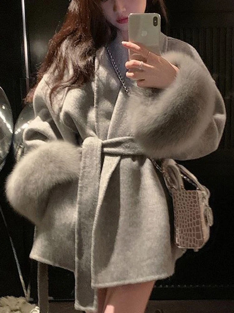 Элегантное офисное женское пальто меховое лоскутное шерстяное с длинными