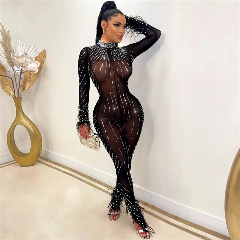 

Pearls Diamonds Feather Sheer Mesh Jumpsuit Women Sexy See Through Mock Neck Long Sleeve Slim Skinny Night Club Party Overalls