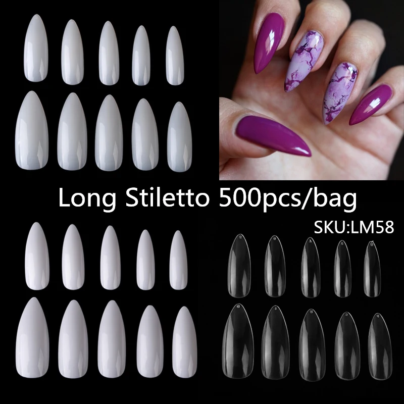 Recuerdame 500pcs Long Stilettos Sharp Fake Nail Art Acrylic False Tips Full Cover White Clear Natural Salon Manicure - купить по