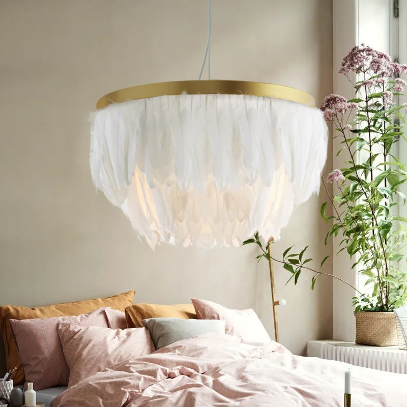 Ins Hot Selling Nordic Creative Feather Living Room E27 Chandelier Children's Room Bedroom Romantic Modern Minimalist Lighting