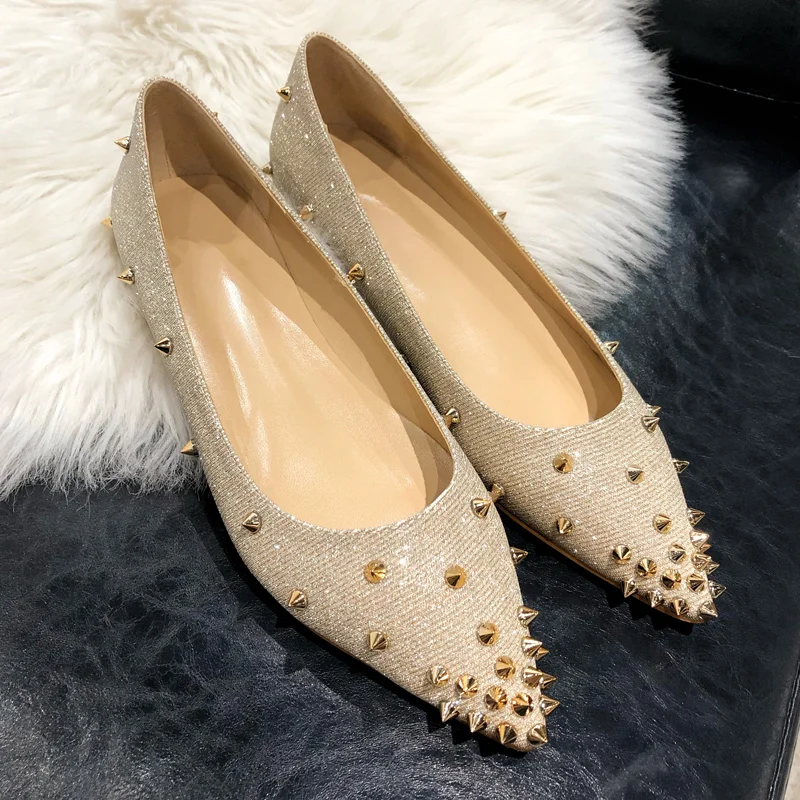 2022 Spring New Pointed Toe Shallow Mouth Rivet Flat Shoes Women's Inner Heightening Liuding Boat Shoes Sequin Crystal Shoes