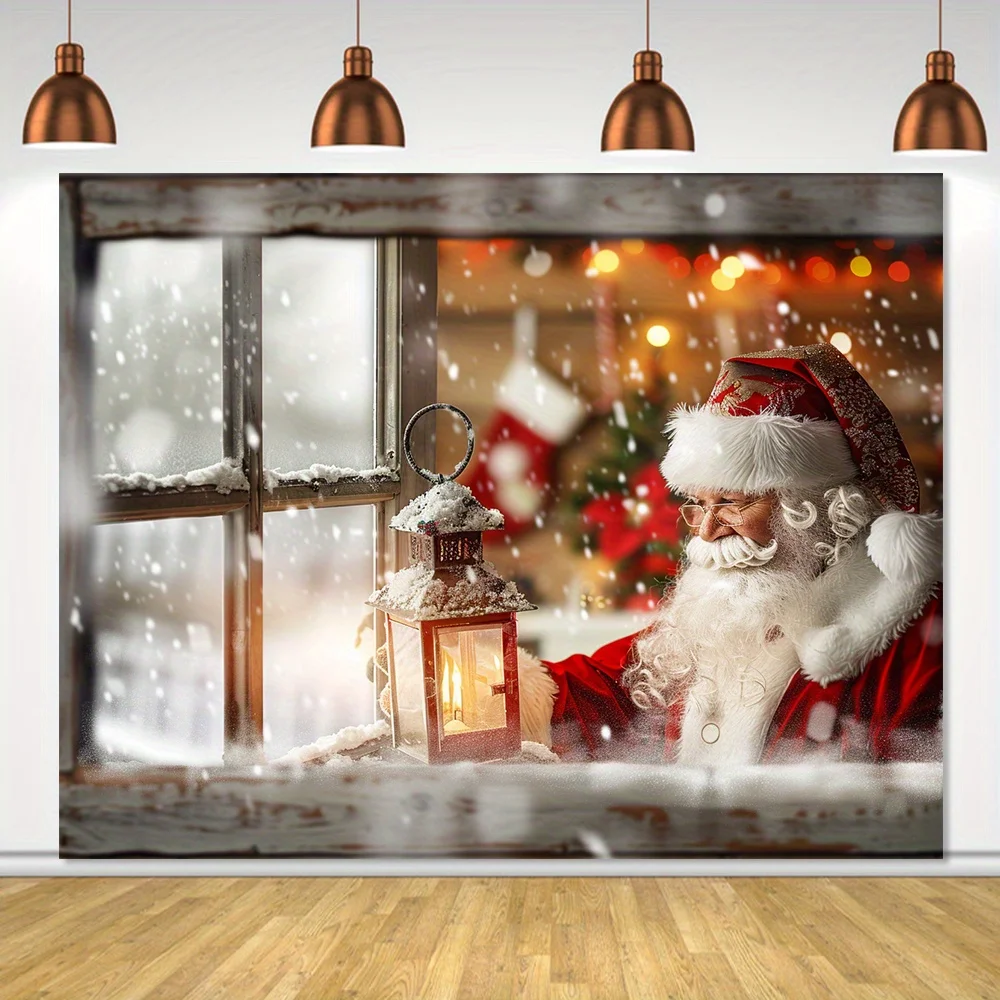 Тканевый фон с рождественским окошком новогодним снегом и снежинками