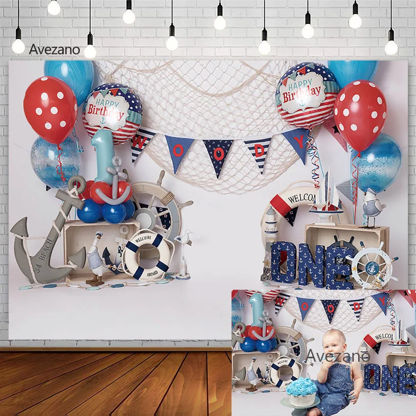 

Avezano Photography Background Pirate Blue Balloon Banner Boy 1st Birthday Cake Smash Decoration Backdrops Photo Studio Props