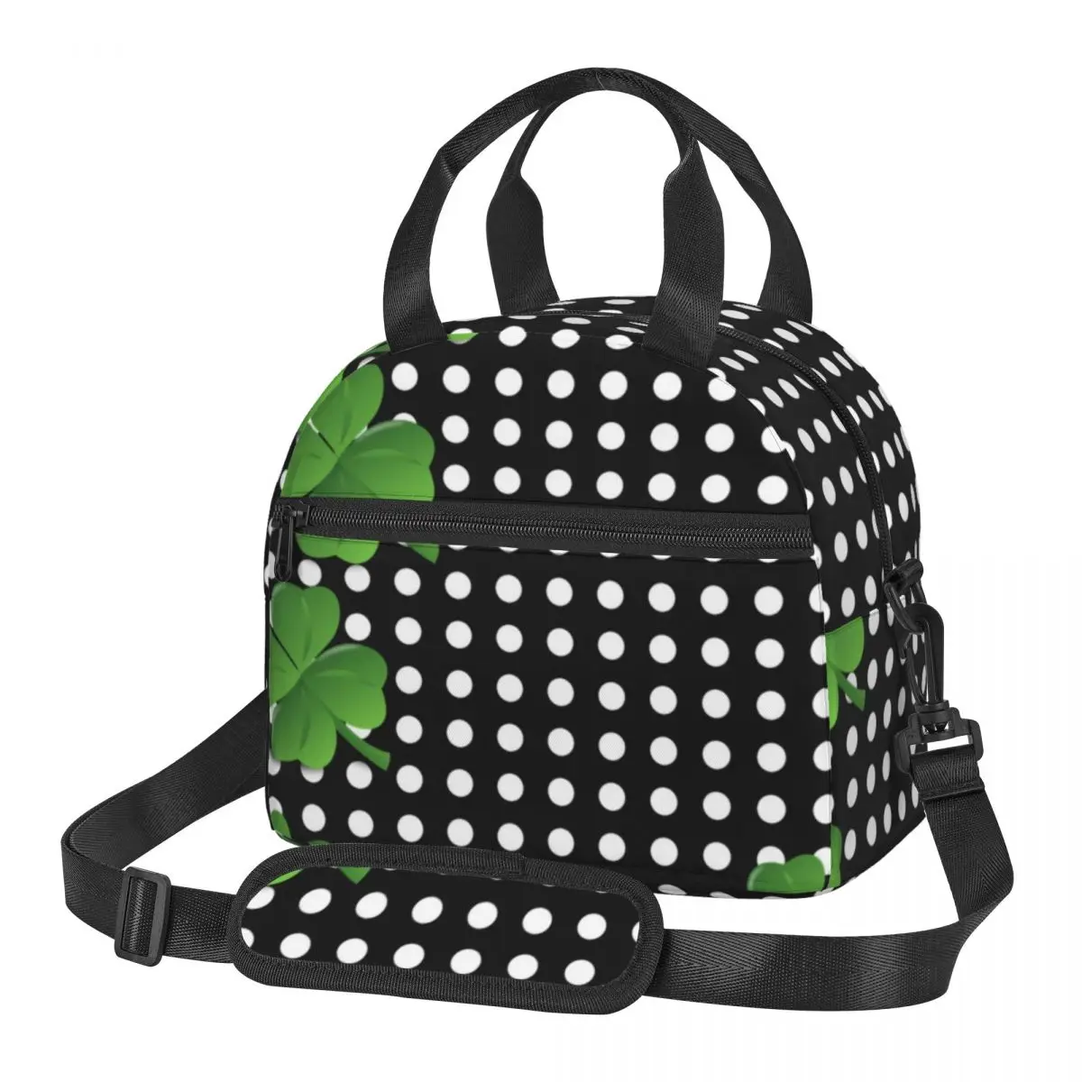 

Black White Polka Dot Lunch Bag Handle St Patricks Day Irish Shamrocks Cooling Cooler Bag Work Cute Pearl Cotton Thermal Bag