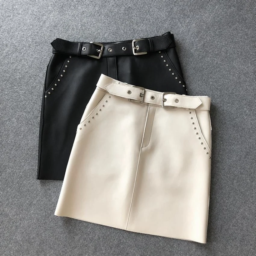 rivet beading leather pants Fashion female pull up Buttocks was thin real sheep skin leather skirts with Metal lock F1503