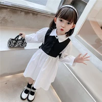 girls dress 2022 spring and autumn new girls pearl bow tie white shirt fake two piece childrens vest dress