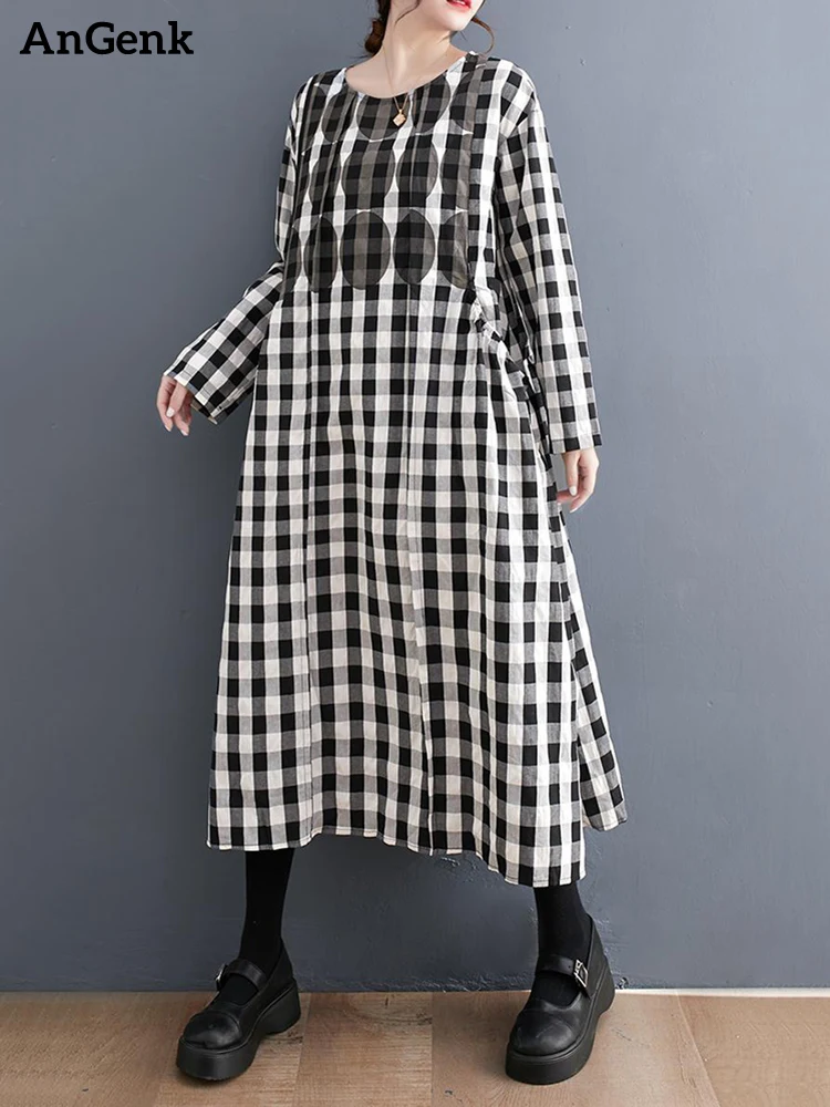 

Женское клетчатое платье в горошек, повседневное винтажное платье средней длины с длинным рукавом, весна-осень 2023