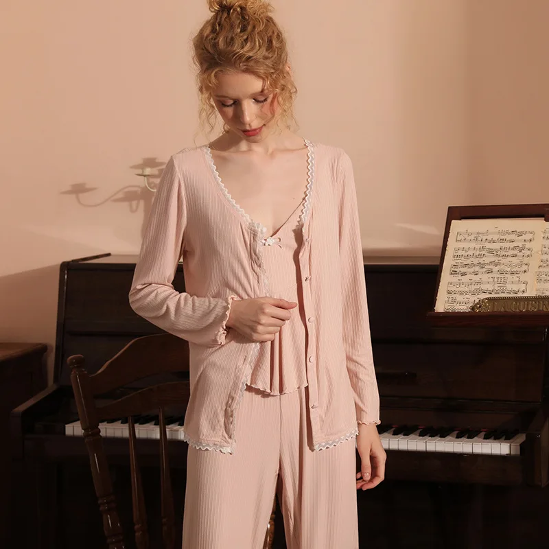 Women's Comfortable Soft Knitted Cotton with Chest Pad Sling Cardigan Three Piece Pajama Sets Comfort Sleepwear Pajamas