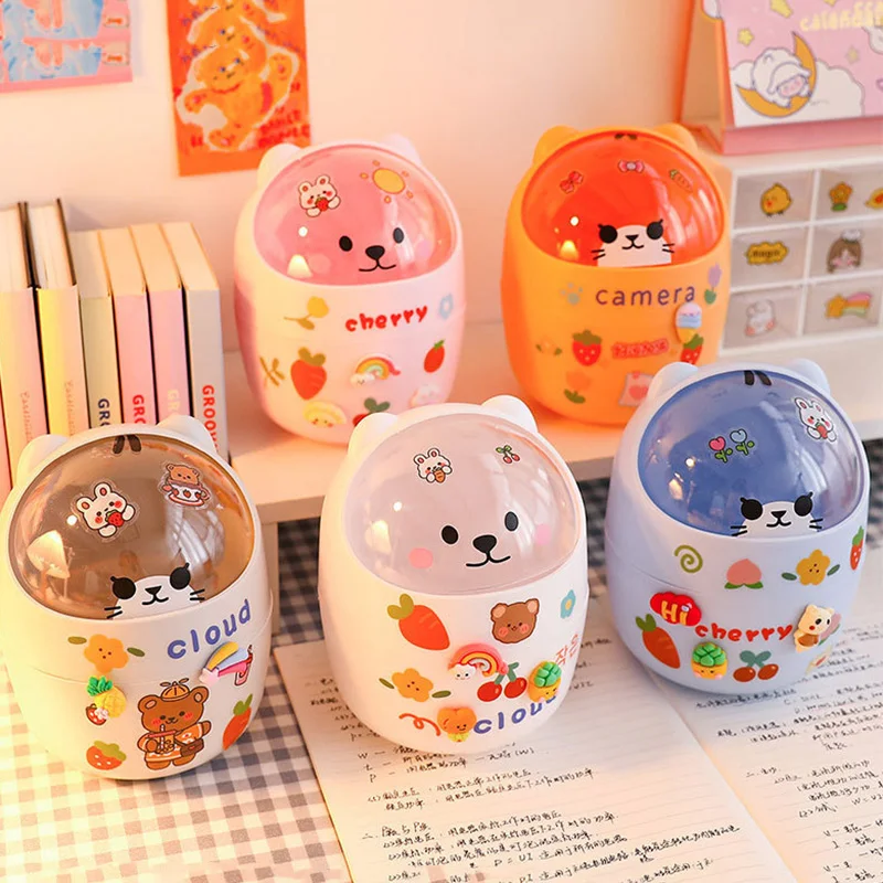 

Cute Bear Desktop Trash Can Storage Organizer for Desk Mini Desk Organizer Plastic Pen Holder Kawaii Korean Stationery Storage