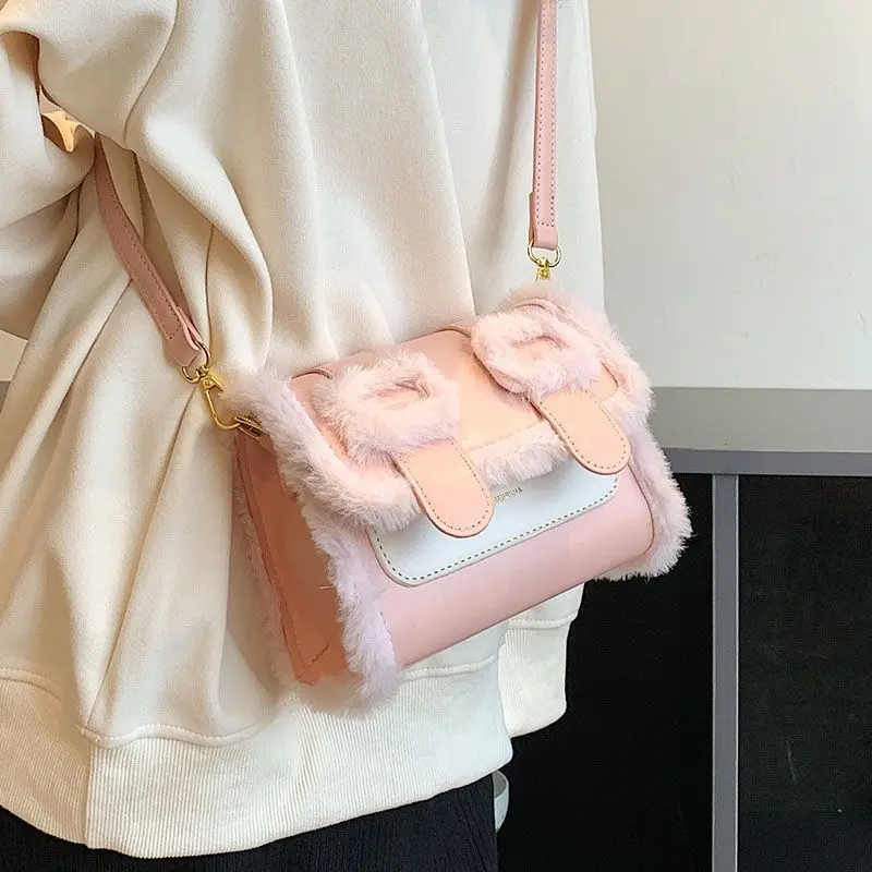 

MBTI Winter Fluffy Shoulder Bag for Women Solid Color Simple Lipstick Purse Pink Korean Style Gentle Designer Crossbody Bag