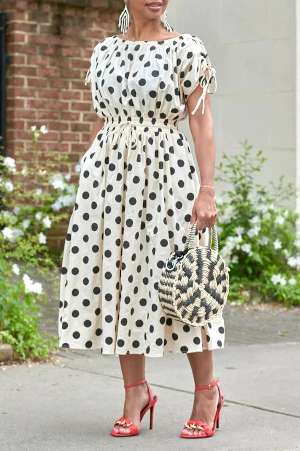 

Summer Dot Printed Pleated Maxi Dress Women Casual Ruched Drawstring Waist Party Street Wear Long Dress