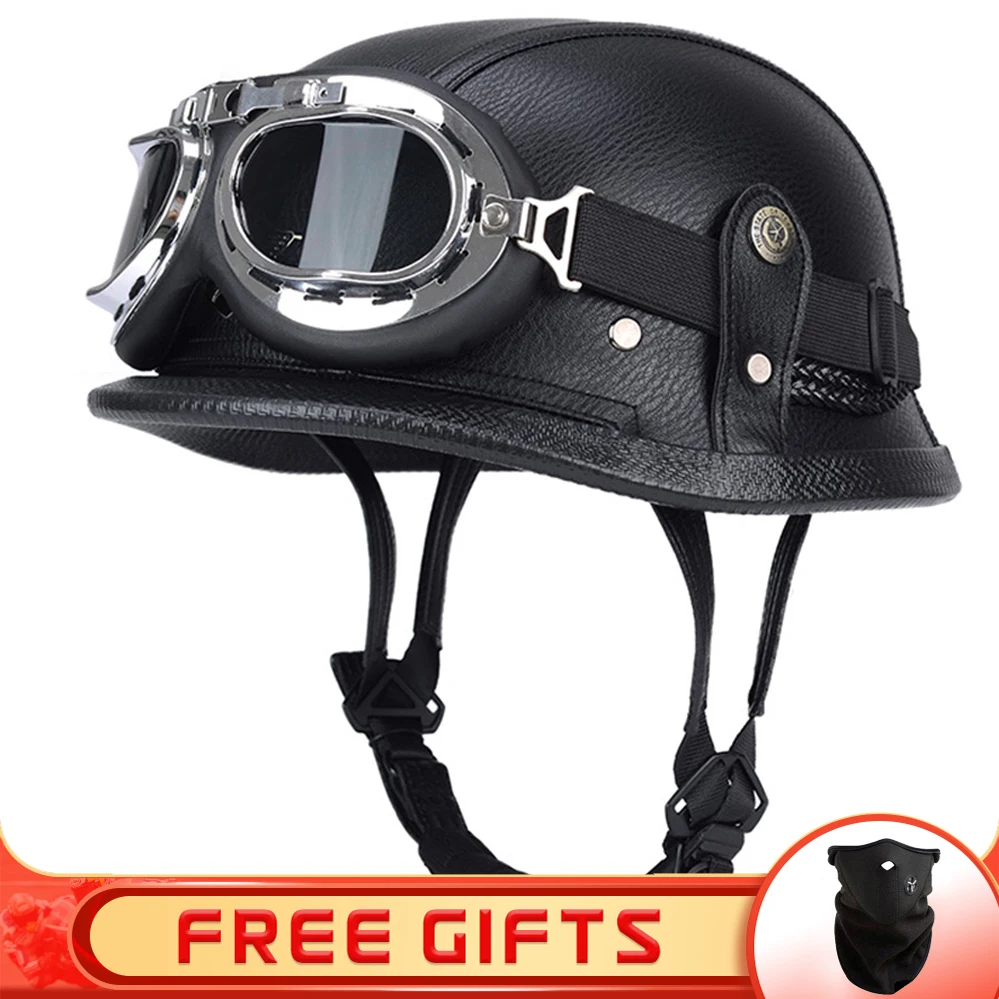

German WWII Motorcycle Cruiser Helmet Cafe Racer Vintage Electric Motorbike Scooter Riding Half Face Jet Casco Moto With Goggle