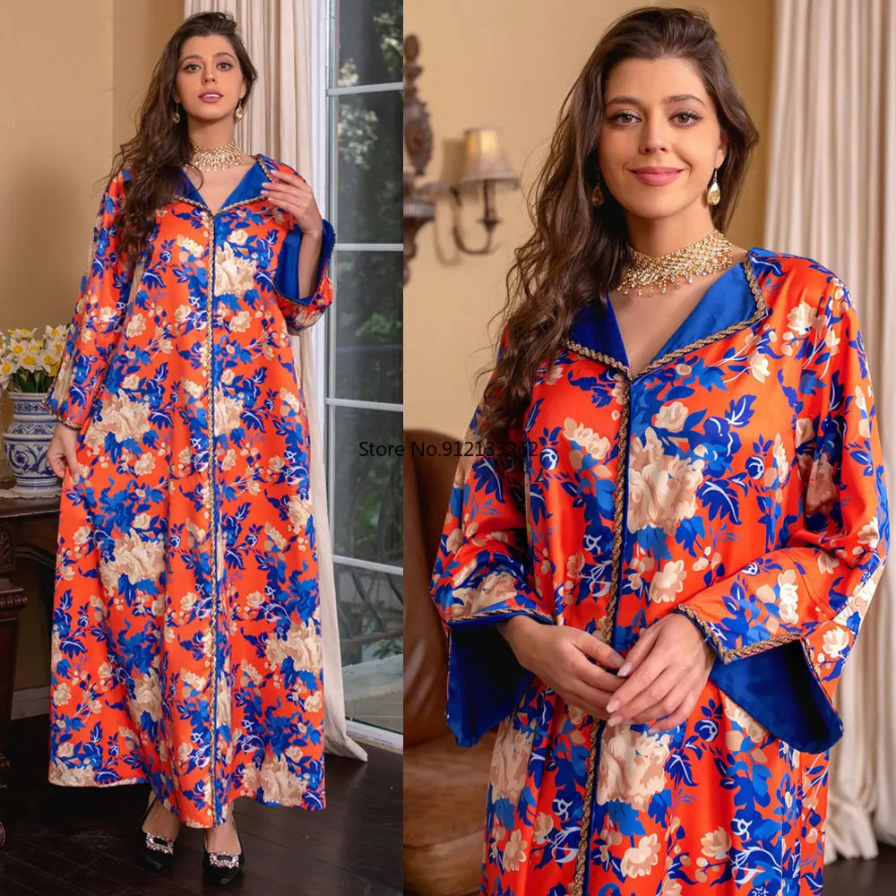 Floral Abaya Arabic Evening Long Dresses for Women Diamonds Trim Muslim Ramadan Evening Moroccan Kaftan Saudi Gulf Jalabiya Gown