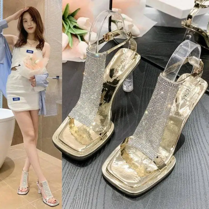 

2022 Summer New Women Shoes Fashion All-Match Stiletto High Heels Crystal Shoes Rhinestone Open Toe One Word Buckle Sandals