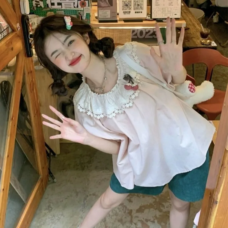 Рубашки с воротником Питера Пэна женские рубашки в корейском стиле милые