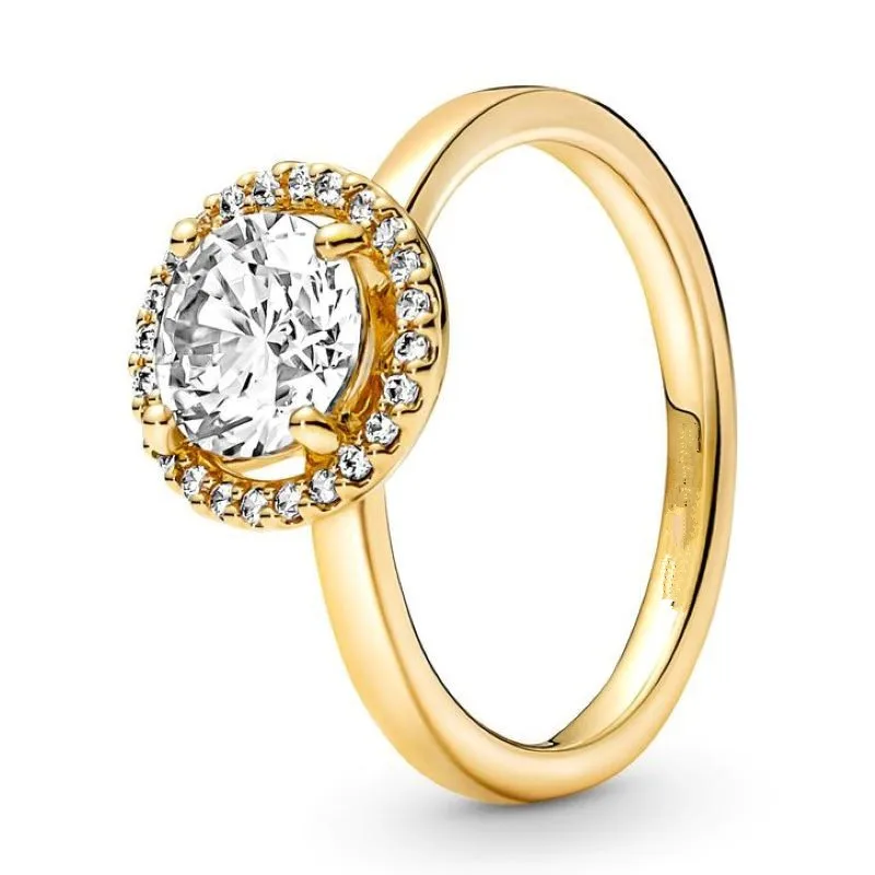 

Authentic 925 Sterling Silver Sparkling Gold Round Halo With Crystal Ring For Women Wedding Party Europe Fashion Jewelry