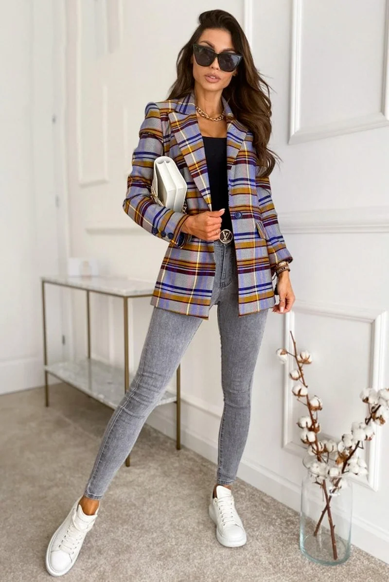 Winter Plaid Blazer Office Lady Lapel Single Button Casual Commute Blazers Autumn Slim Printed Suits Business Fashion Warm Coats