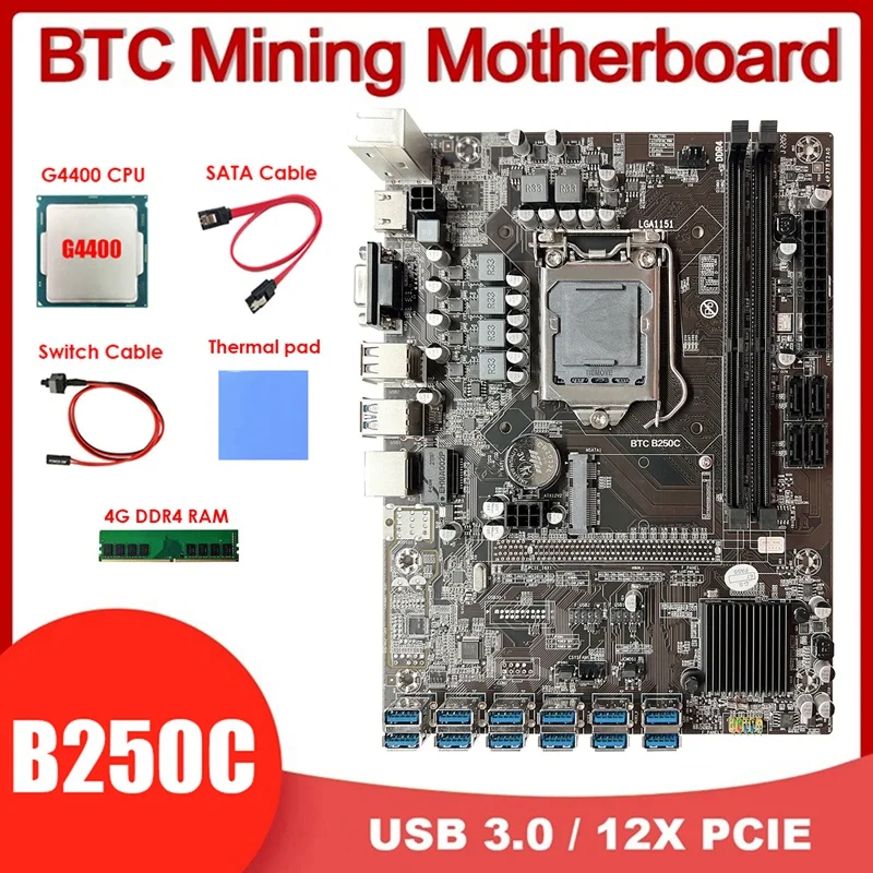 

B250C 12 USB3.0 BTC Mining Motherboard+G4400 CPU+4G DDR4 RAM+Switch Cable+SATA Cable+Thermal Pad LGA1151 DDR4 MSATA+VGA
