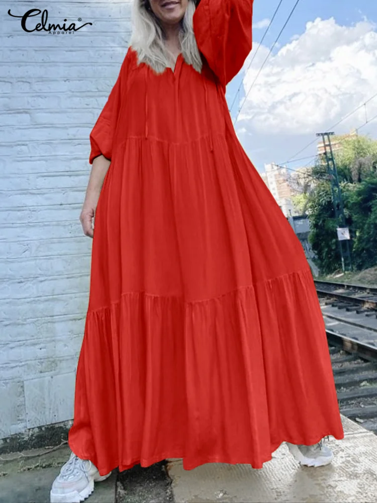 

Celmia женское модное платье-макси с рукавом 3/4, праздничное платье-трапеция на шнуровке, летнее Плиссированное длинное платье с V-образным выр...