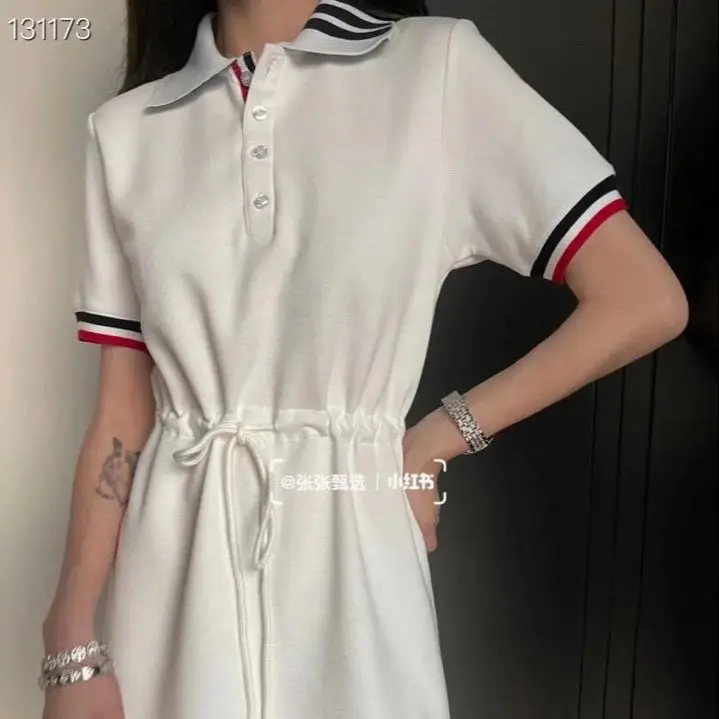 

TB summer and autumn neckline striped back red, white and blue colored ribbon stitching loose sports lapel sweater dress women