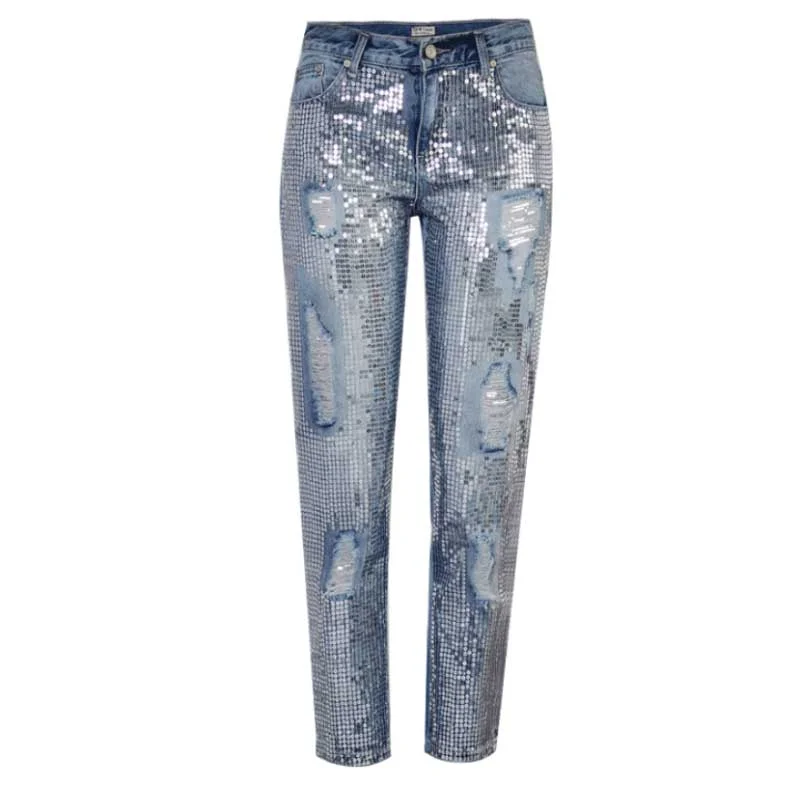 Women's Mid-waist Loose Nine-quarter Pants Popular Metallic Embroidered Beads Washed and Worn Out Straight Jeans