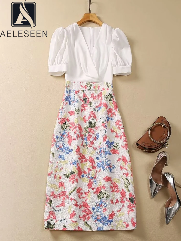 AELESEEN Women Sheath Dress Summer Design Fashion V-Neck White Patchwork Jacquard Flower Print Elegant Midi Vestidos Ladies