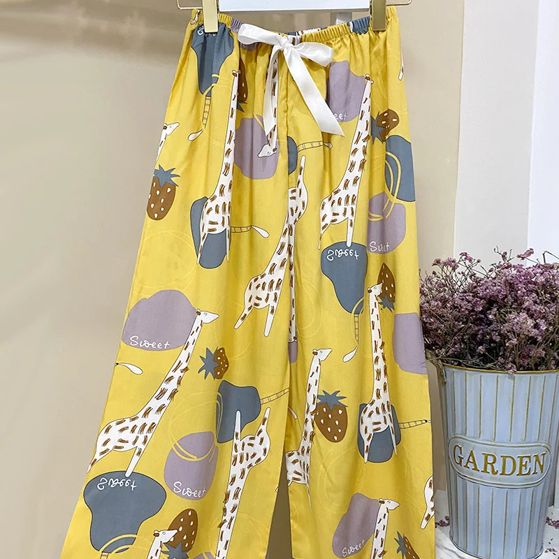 Cute Bottoms Wide-leg Pajama Pants Women Sleepwear Outerwear Cotton Silk Summer Sleep Bottoms