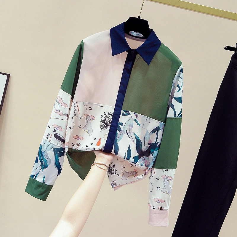 

Summer Women Shirt Long Sleeve Top Korean Fashion Printing Poplin Leisure Splicing Loose Polo Collar Blouse Movafag