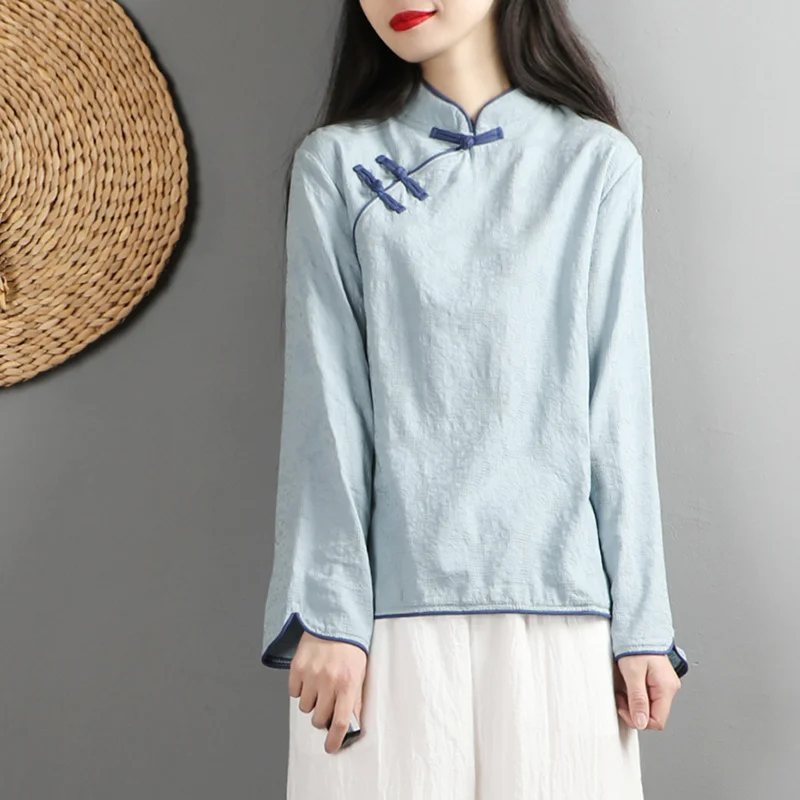 

Spring New China Style Thin Cotton Linen Tops Short Women Ethnic Harajuku Blouse Tang Suit Loose Female Vintage Solid Zen Hanfu