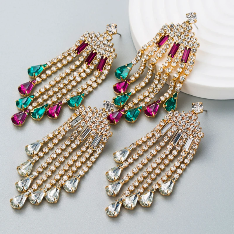 

Exaggerated Rhinestone Long Tassel Earrings for Woman Party