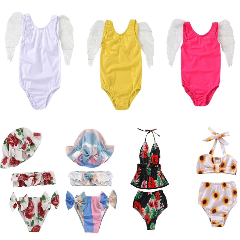 

Купальник для девочек 2022 летний модный свежий и милый купальник с разноцветными крыльями желтый розовый белый костюм из 2 предметов детская...