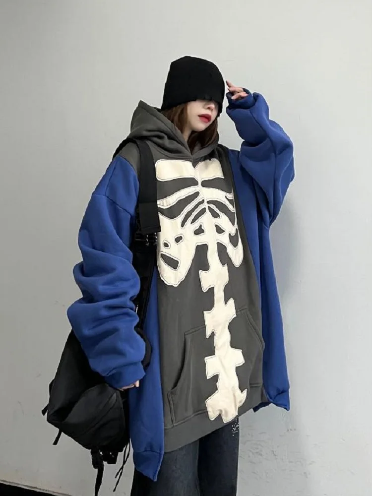 Deeptown Gothicr Skeleton Hoodie Balck Oversize Sweater Cardigan Women Harajuku Hippie Blue Thick Jumper Female Mall Goth Tops