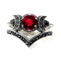 exquisite triple ring set silver color black red zircon rings for women vintage style bridal wedding anniversary gift jewelry