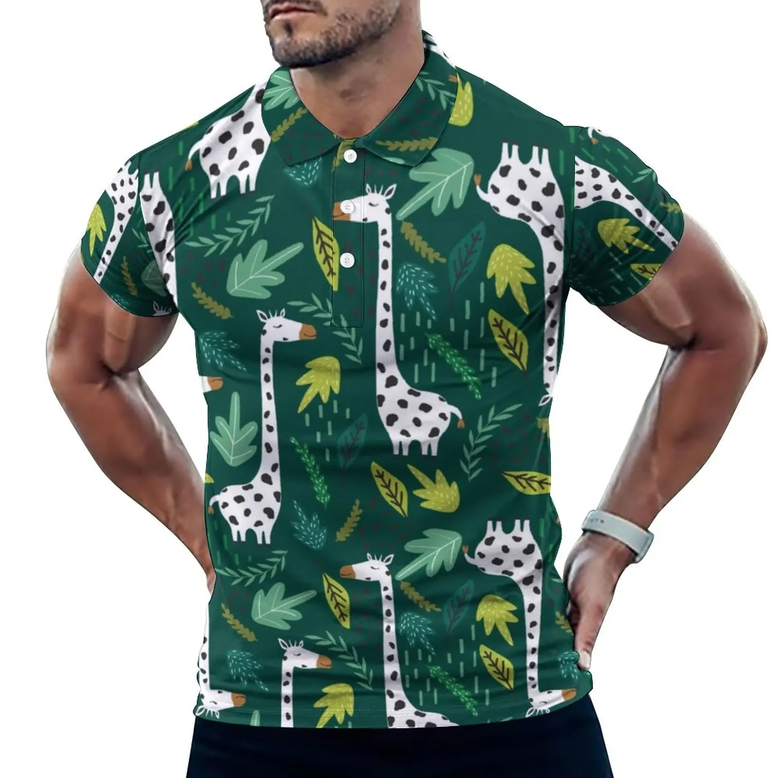 

Футболка-поло мужская с коротким рукавом, Повседневная рубашка с принтом зеленых листьев, белая с жирафом, топ с графическим принтом, улична...