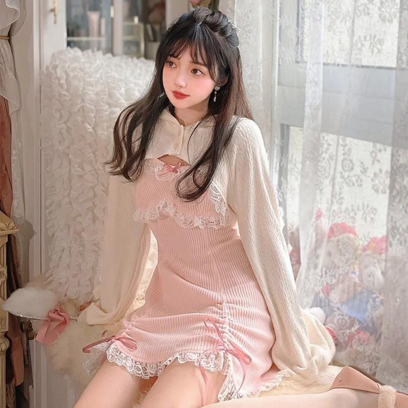 

Kawaii Dress Blue Pink Sweat Lace Lolita Dresses Women Korean Japanese Fashion Clothing Women's Spring Summer Two Pcs Set 2022