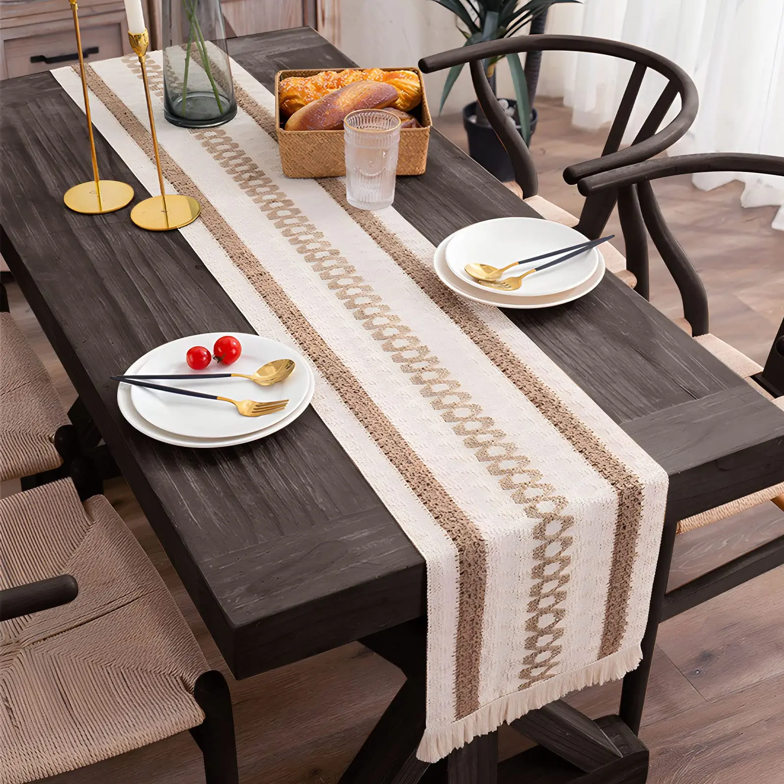 Настольная дорожка в стиле бохо из натурального льна ручная работа плетеный джут