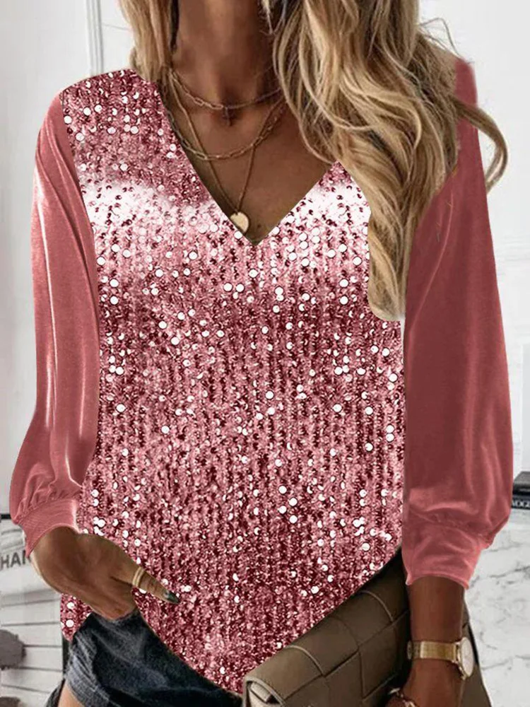 2023 Spring and Summer Women's New V-neck Loose Shirt Sequined Long-sleeved Blouse Womens Tops