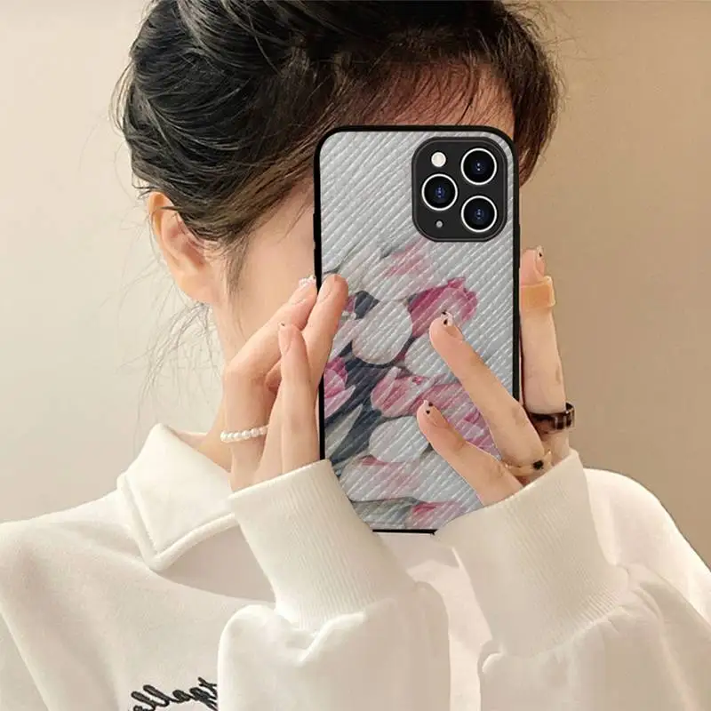 

FHNBLJ Tulips Flower Phone Case Hard Leather Case for iPhone 11 12 13 Mini Pro Max 8 7 Plus SE 2020 X XR XS Coque