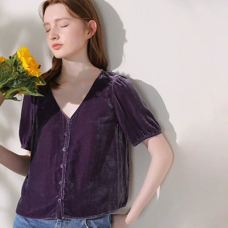 BirdTree элегантная бархатная рубашка из натурального шелка женская с пышными